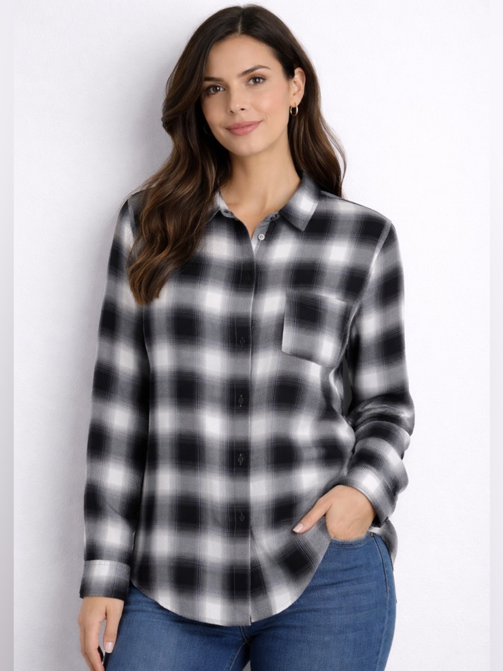 Lucky Brand Women’s Long Sleeve Button Up‎ Blouse Plaid Black/White 1X Casual